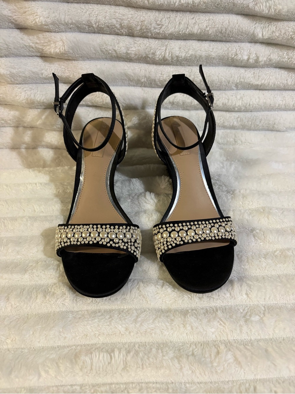 Copper Key Black Pearl-Embellished Ankle Strap Heels 7M